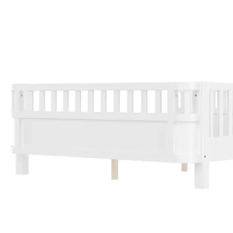 Lit plateforme intégral Bellemave avec barrières de sécurité et clôture amovible, lit plateforme en bois massif pour enfants, blanc