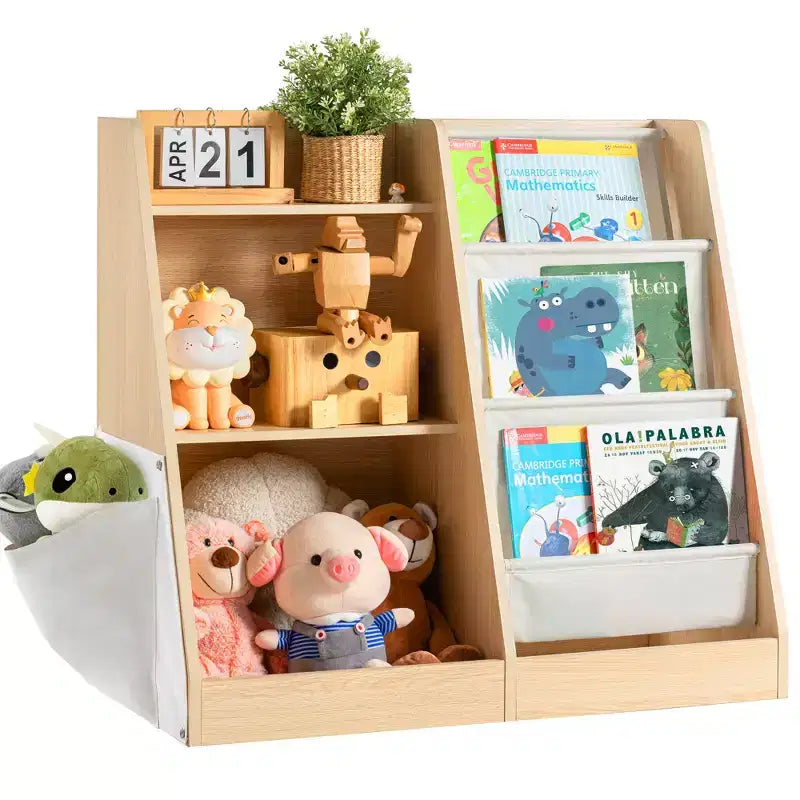 MAYEERTY 3 Tier Wooden Bookshelf and Toy Storage with Three Layer Sling Bookcase for Living Room Beige