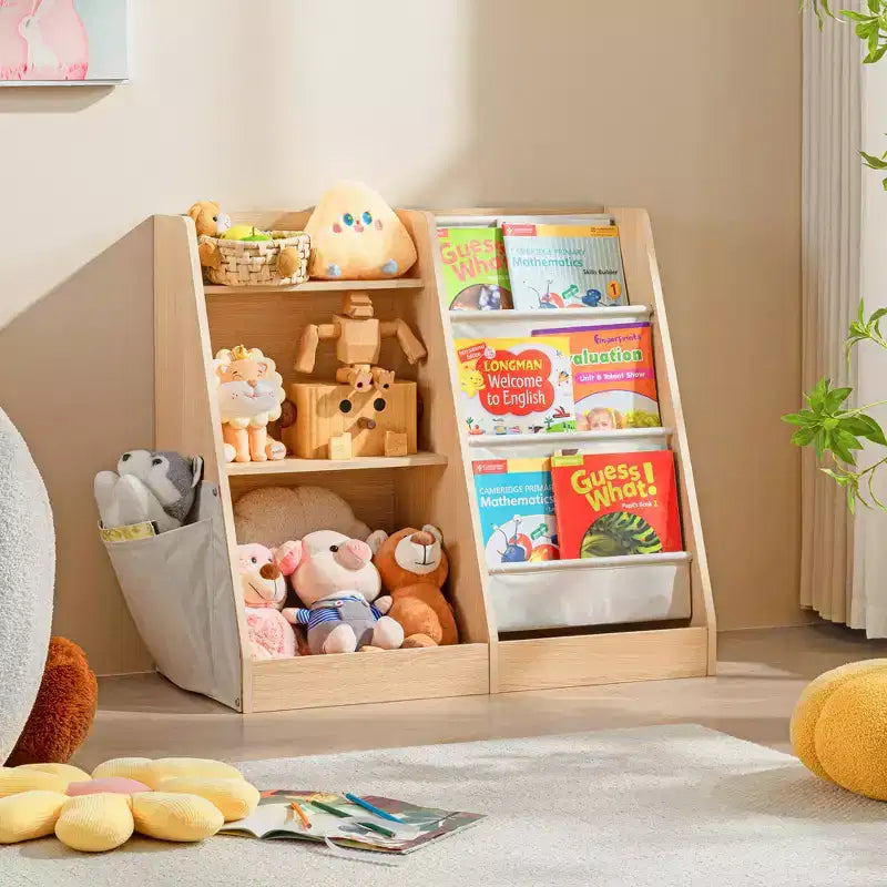 MAYEERTY Bibliothèque et rangement de jouets en bois à 3 niveaux avec bibliothèque à trois couches pour le salon, beige