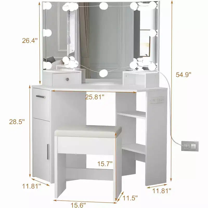 Coiffeuse d'angle moderne avec miroir, prise de courant intégrée, tiroirs et armoires, rangements ouverts, pour chambre à coucher
