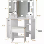 Coiffeuse d'angle moderne avec miroir, prise de courant intégrée, tiroirs et armoires, rangements ouverts, pour chambre à coucher