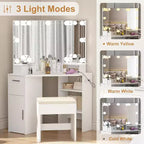 Coiffeuse d'angle moderne avec miroir, prise de courant intégrée, tiroirs et armoires, rangements ouverts, pour chambre à coucher