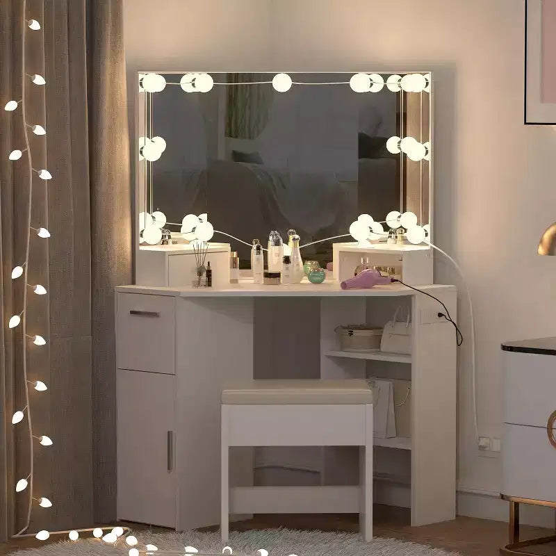 Coiffeuse d'angle moderne avec miroir, prise de courant intégrée, tiroirs et armoires, rangements ouverts, pour chambre à coucher