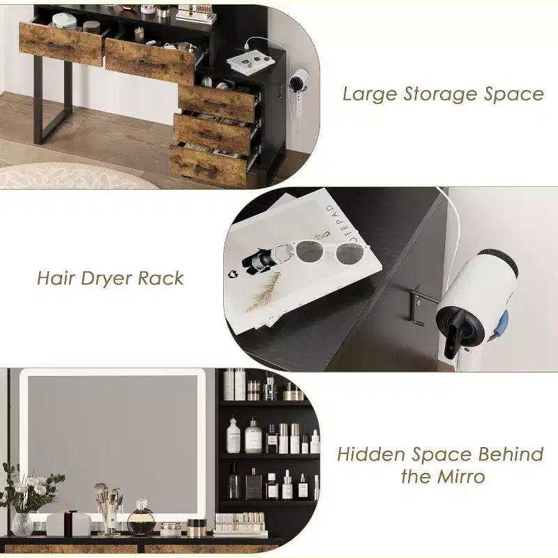 Coiffeuse avec miroir LED, table de maquillage avec tiroirs, meuble de rangement, coiffeuse avec étagères ouvertes pour chambre à coucher, dressing