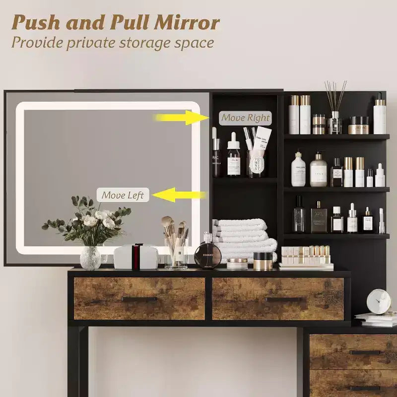 Coiffeuse avec miroir LED, table de maquillage avec tiroirs, meuble de rangement, coiffeuse avec étagères ouvertes pour chambre à coucher, dressing