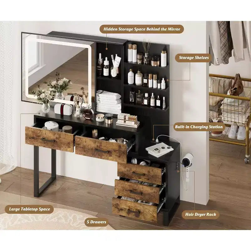 Coiffeuse avec miroir LED, table de maquillage avec tiroirs, meuble de rangement, coiffeuse avec étagères ouvertes pour chambre à coucher, dressing