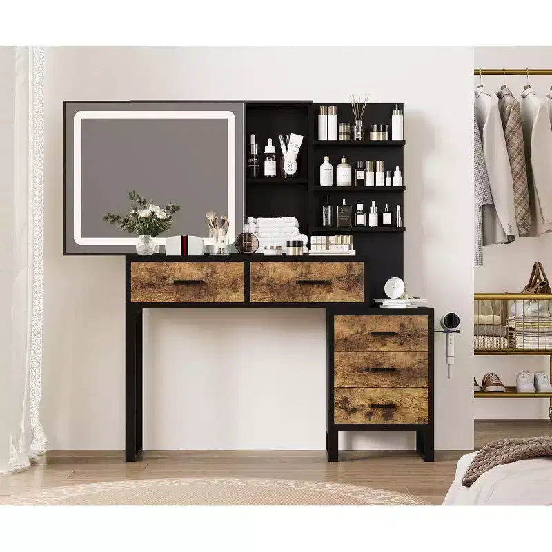 Coiffeuse avec miroir LED, table de maquillage avec tiroirs, meuble de rangement, coiffeuse avec étagères ouvertes pour chambre à coucher, dressing