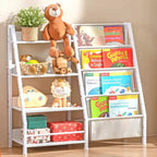 MAYEERTY Étagère à Livres et Rangement de Jouets en Bois à 4 Niveaux avec Bibliothèque en Tissu à Trois Couches pour Salon, Blanc