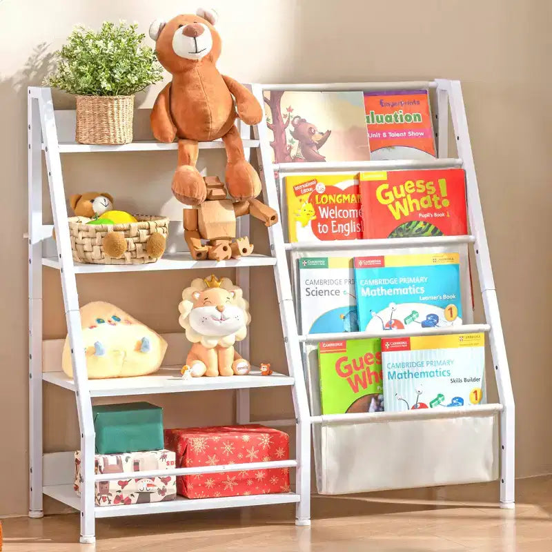 MAYEERTY Étagère à Livres et Rangement de Jouets en Bois à 4 Niveaux avec Bibliothèque en Tissu à Trois Couches pour Salon, Blanc