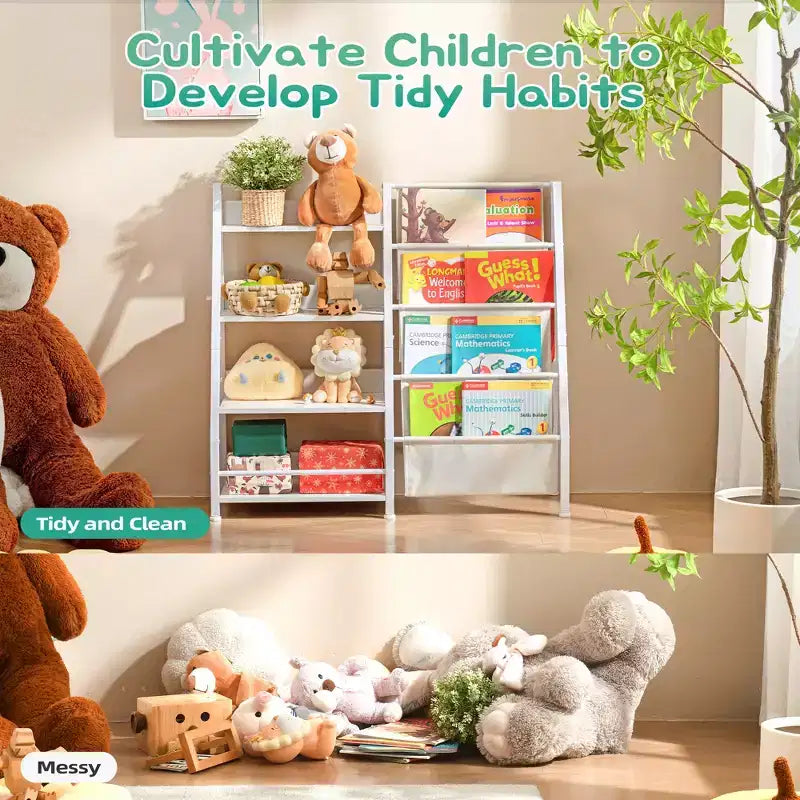 MAYEERTY Étagère à Livres et Rangement de Jouets en Bois à 4 Niveaux avec Bibliothèque en Tissu à Trois Couches pour Salon, Blanc