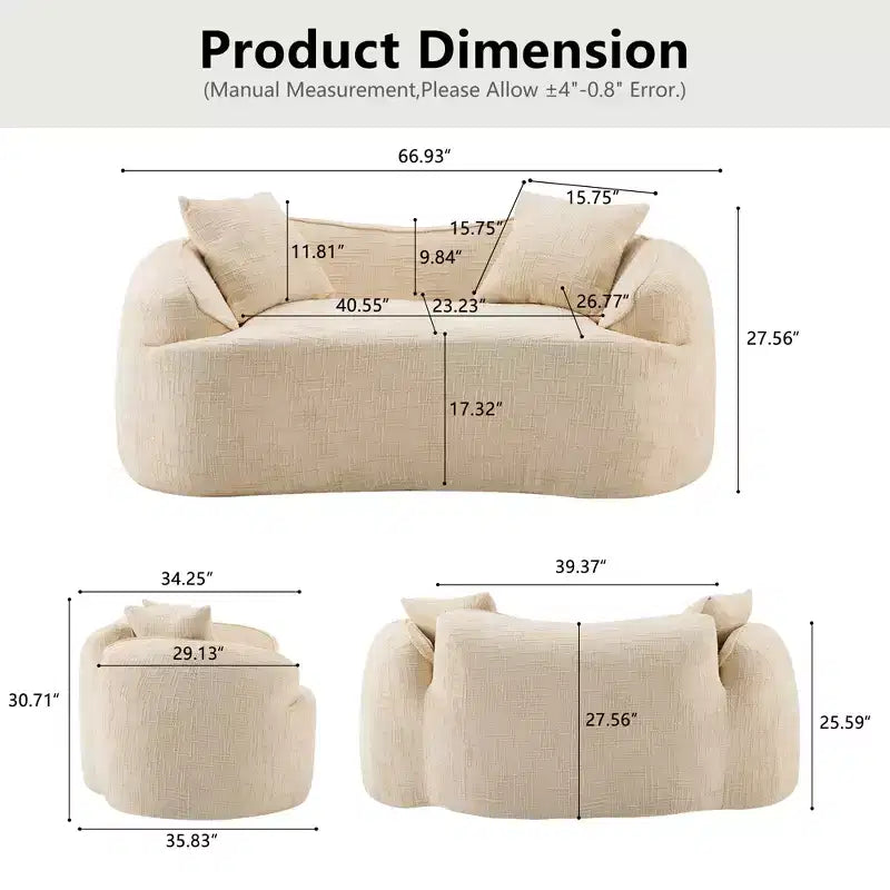 Canapé beige courbé 2 places avec accoudoirs et 2 coussins – Petit format, idéal pour toutes les pièces
