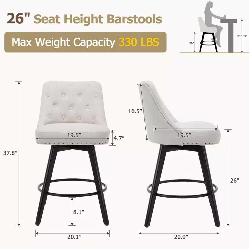 Lot de 4 tabourets de bar en lin beige - 26" Hauteur de comptoir Pivotants avec dossier et pieds en bois pour îlot de cuisine et bar (Design moderne et capitonné)