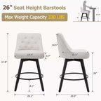 Lot de 4 tabourets de bar en lin beige - 26" Hauteur de comptoir Pivotants avec dossier et pieds en bois pour îlot de cuisine et bar (Design moderne et capitonné)