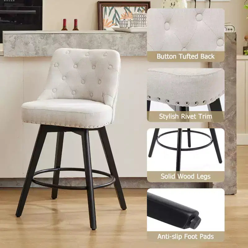 Lot de 4 tabourets de bar en lin beige - 26" Hauteur de comptoir Pivotants avec dossier et pieds en bois pour îlot de cuisine et bar (Design moderne et capitonné)