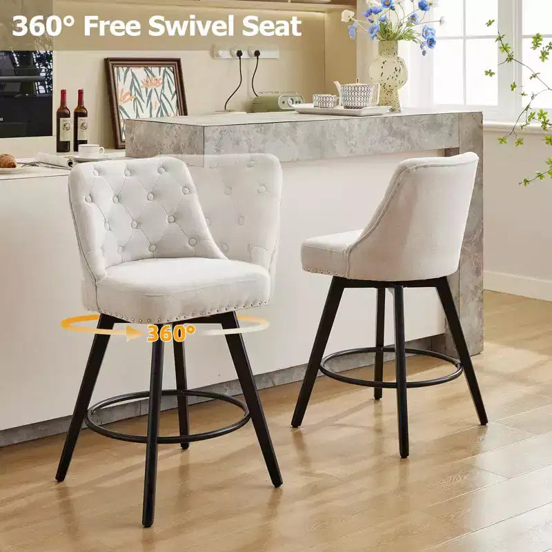 Lot de 4 tabourets de bar en lin beige - 26" Hauteur de comptoir Pivotants avec dossier et pieds en bois pour îlot de cuisine et bar (Design moderne et capitonné)