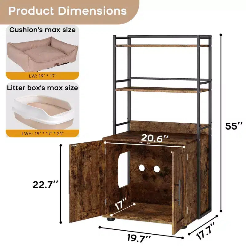 55Cache-litière, meuble de toilettes pour chats dissimulé avec étagères de rangement à 2 niveaux et portes, meuble cache-litière pour plantes, nourriture et décorations