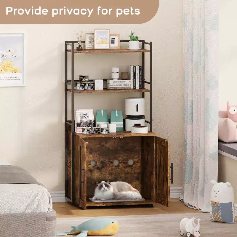 55Cache-litière, meuble de toilettes pour chats dissimulé avec étagères de rangement à 2 niveaux et portes, meuble cache-litière pour plantes, nourriture et décorations