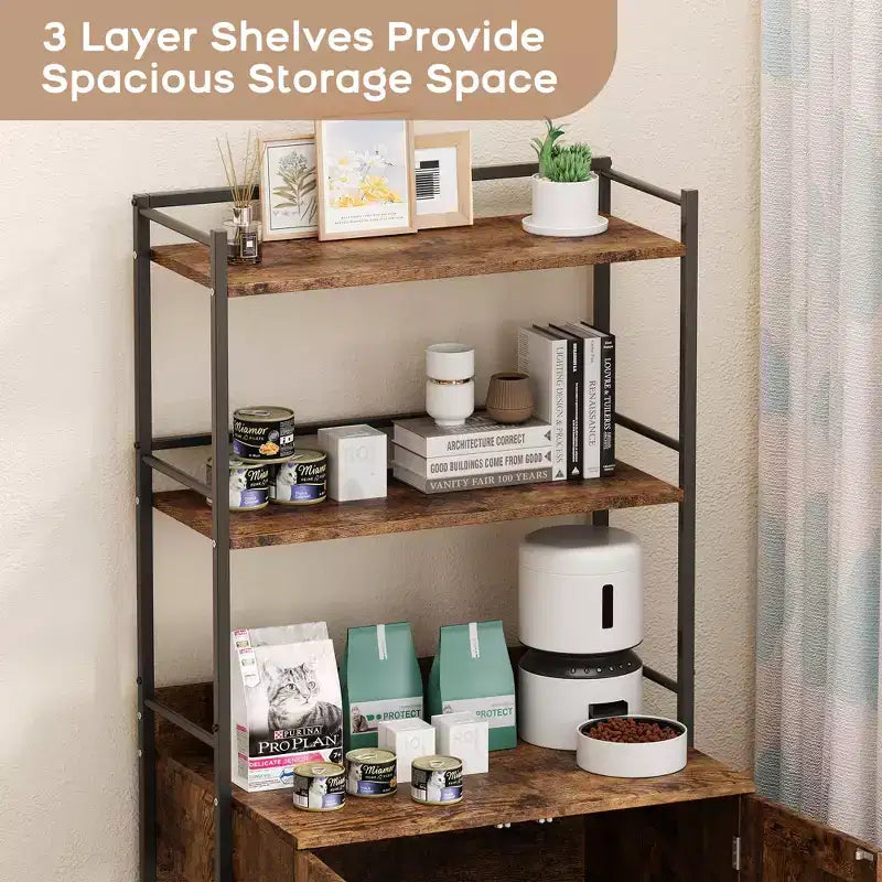 55Cache-litière, meuble de toilettes pour chats dissimulé avec étagères de rangement à 2 niveaux et portes, meuble cache-litière pour plantes, nourriture et décorations
