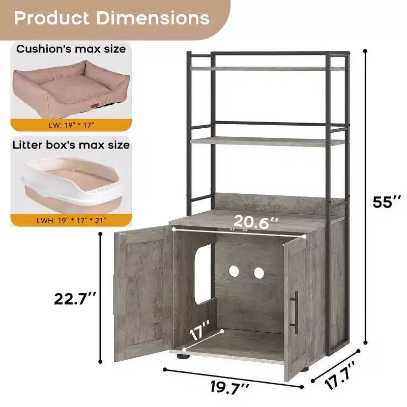 55Cache-litière, meuble de toilettes pour chats dissimulé avec étagères de rangement à 2 niveaux et portes, meuble cache-litière pour plantes, nourriture et décorations