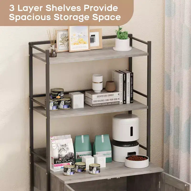 55Cache-litière, meuble de toilettes pour chats dissimulé avec étagères de rangement à 2 niveaux et portes, meuble cache-litière pour plantes, nourriture et décorations