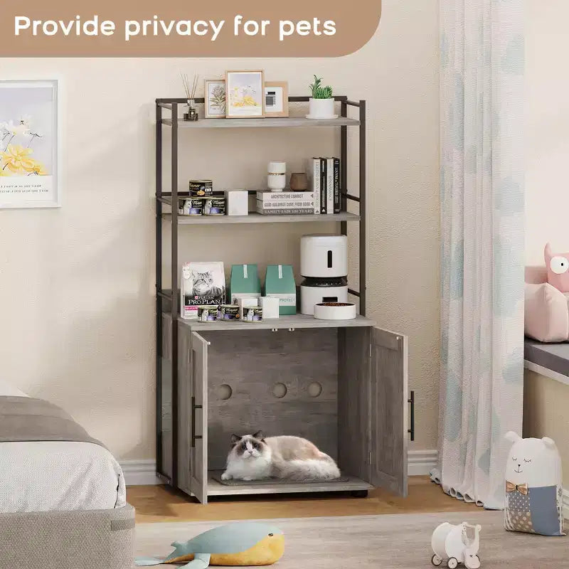 55Cache-litière, meuble de toilettes pour chats dissimulé avec étagères de rangement à 2 niveaux et portes, meuble cache-litière pour plantes, nourriture et décorations