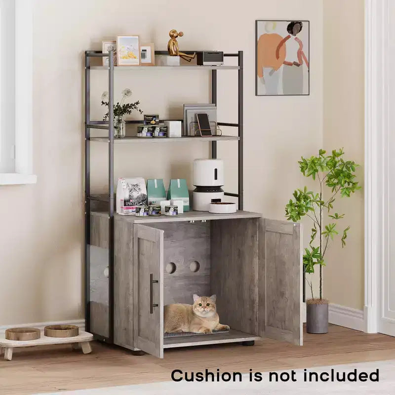 55Cache-litière, meuble de toilettes pour chats dissimulé avec étagères de rangement à 2 niveaux et portes, meuble cache-litière pour plantes, nourriture et décorations