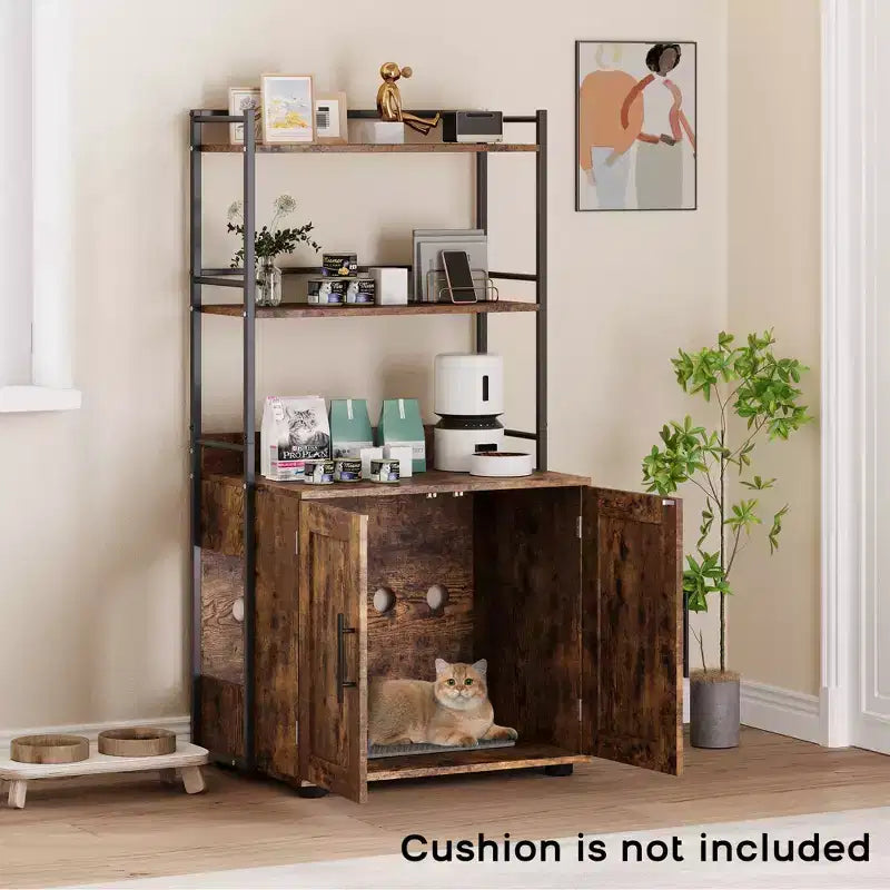 55Cache-litière, meuble de toilettes pour chats dissimulé avec étagères de rangement à 2 niveaux et portes, meuble cache-litière pour plantes, nourriture et décorations