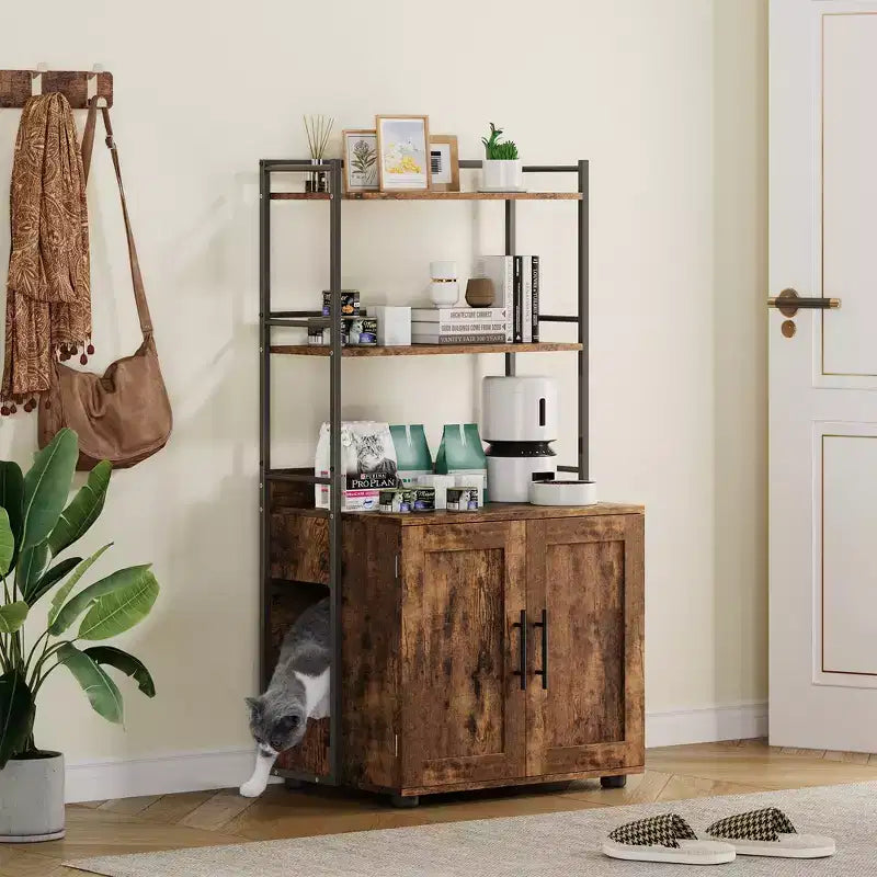 55Cache-litière, meuble de toilettes pour chats dissimulé avec étagères de rangement à 2 niveaux et portes, meuble cache-litière pour plantes, nourriture et décorations