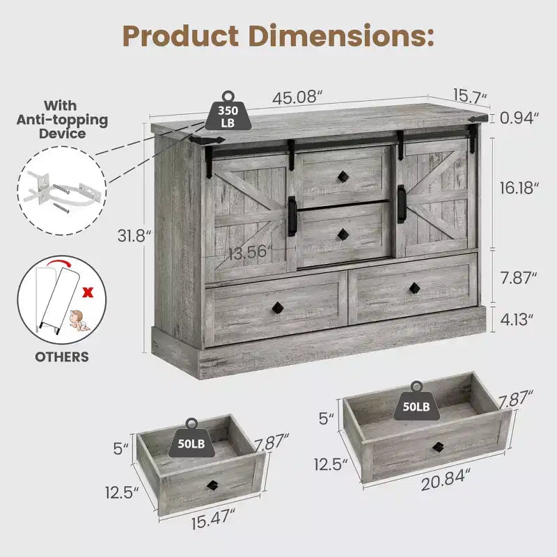 Commode de chambre à 4 tiroirs, commode en bois de 114 cm avec portes coulissantes de style grange, meuble TV avec grands tiroirs et poignées barre, pour dressing, salon