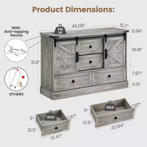 Commode de chambre à 4 tiroirs, commode en bois de 114 cm avec portes coulissantes de style grange, meuble TV avec grands tiroirs et poignées barre, pour dressing, salon