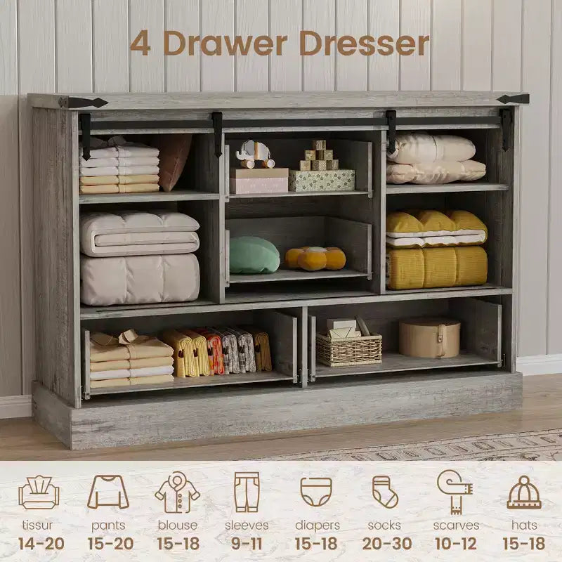 Commode de chambre à 4 tiroirs, commode en bois de 114 cm avec portes coulissantes de style grange, meuble TV avec grands tiroirs et poignées barre, pour dressing, salon