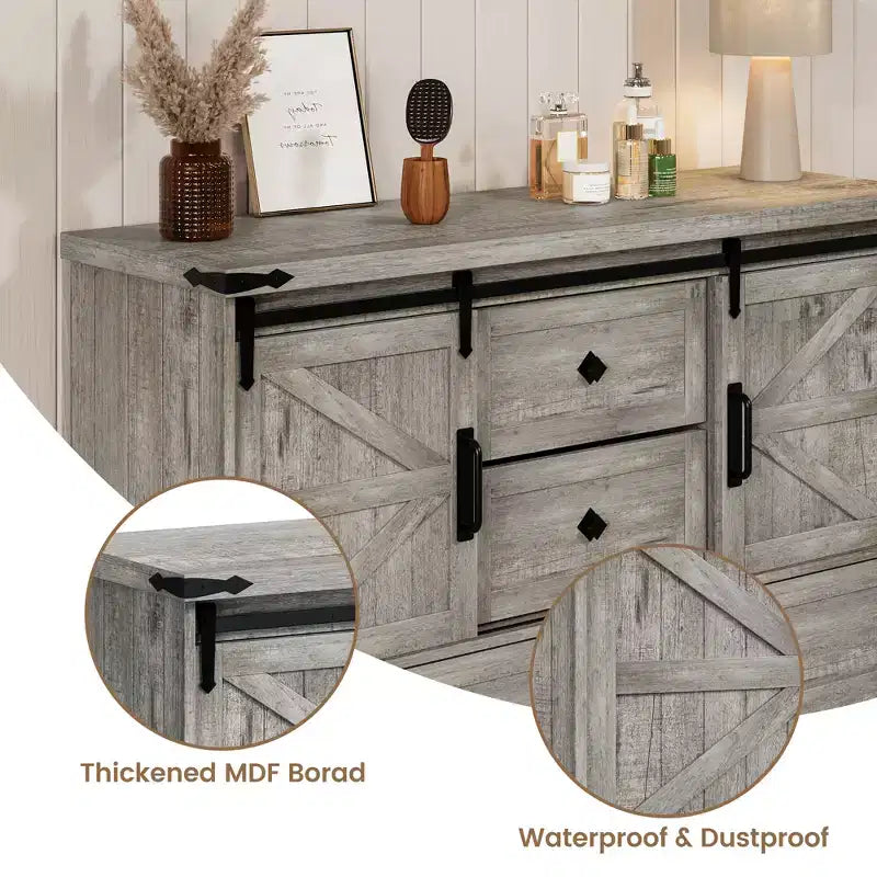Commode de chambre à 4 tiroirs, commode en bois de 114 cm avec portes coulissantes de style grange, meuble TV avec grands tiroirs et poignées barre, pour dressing, salon