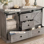 Commode de chambre à 4 tiroirs, commode en bois de 114 cm avec portes coulissantes de style grange, meuble TV avec grands tiroirs et poignées barre, pour dressing, salon