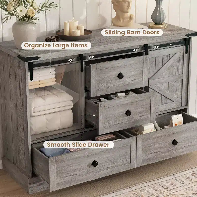 Commode de chambre à 4 tiroirs, commode en bois de 114 cm avec portes coulissantes de style grange, meuble TV avec grands tiroirs et poignées barre, pour dressing, salon