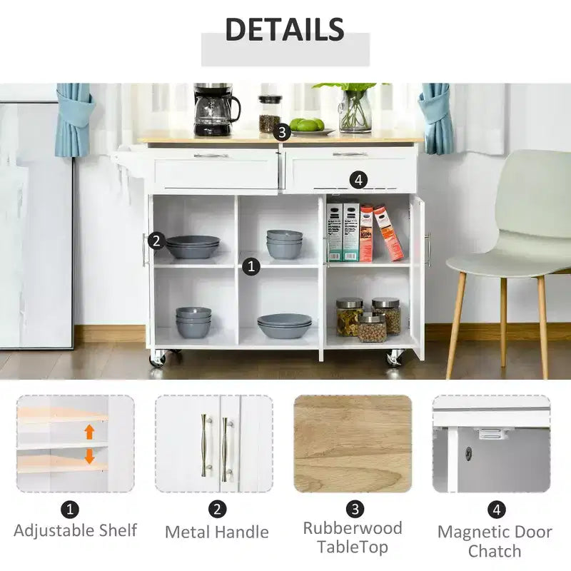Okak Îlot de cuisine moderne avec plateau en bois, Chariot de cuisine avec tiroirs de rangement et étagères réglables, Îlot de cuisine roulant pour la maison, Blanc