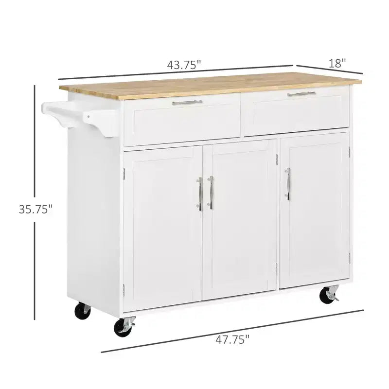Okak Îlot de cuisine moderne avec plateau en bois, Chariot de cuisine avec tiroirs de rangement et étagères réglables, Îlot de cuisine roulant pour la maison, Blanc