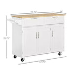 Okak Îlot de cuisine moderne avec plateau en bois, Chariot de cuisine avec tiroirs de rangement et étagères réglables, Îlot de cuisine roulant pour la maison, Blanc