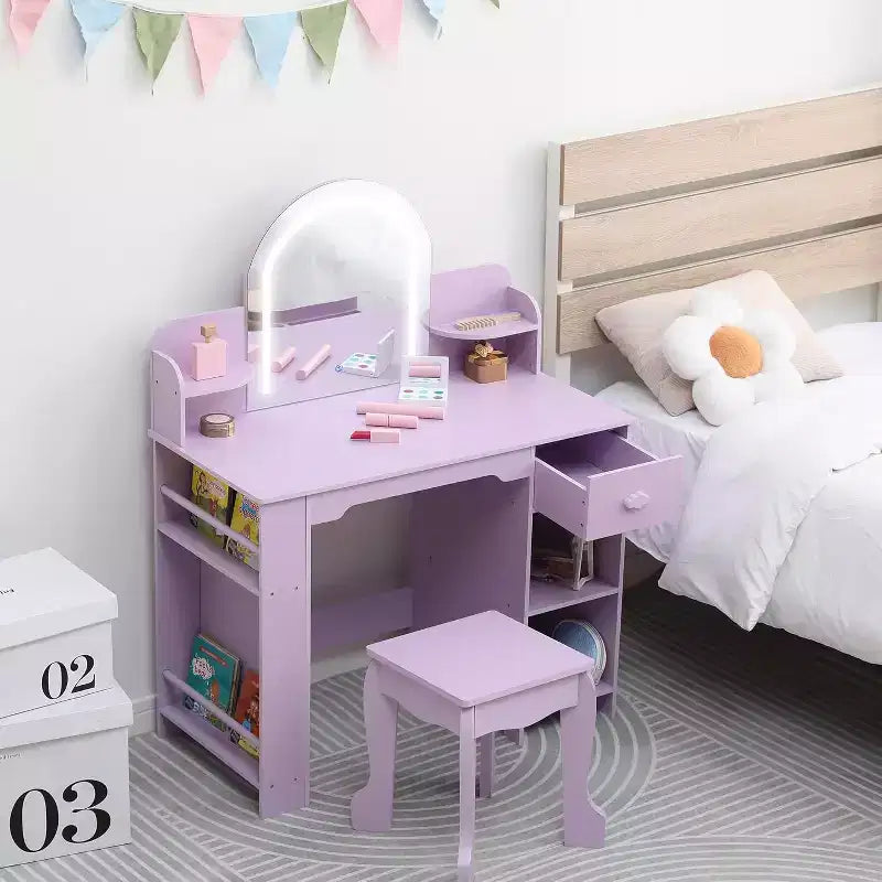 Coiffeuse pour fille avec lumières, Ensemble table et chaise de coiffeuse pour enfants pour princesse, Bureau de coiffeuse pour tout-petits avec étagère ouverte, Armoire de rangement et étagères latérales