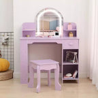 Coiffeuse pour fille avec lumières, Ensemble table et chaise de coiffeuse pour enfants pour princesse, Bureau de coiffeuse pour tout-petits avec étagère ouverte, Armoire de rangement et étagères latérales