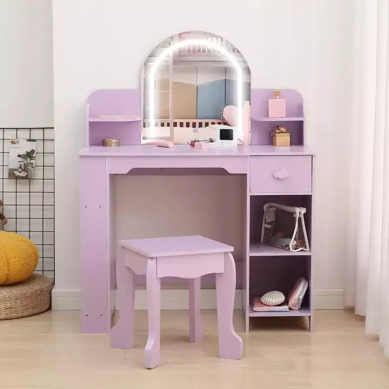 Coiffeuse pour fille avec lumières, Ensemble table et chaise de coiffeuse pour enfants pour princesse, Bureau de coiffeuse pour tout-petits avec étagère ouverte, Armoire de rangement et étagères latérales