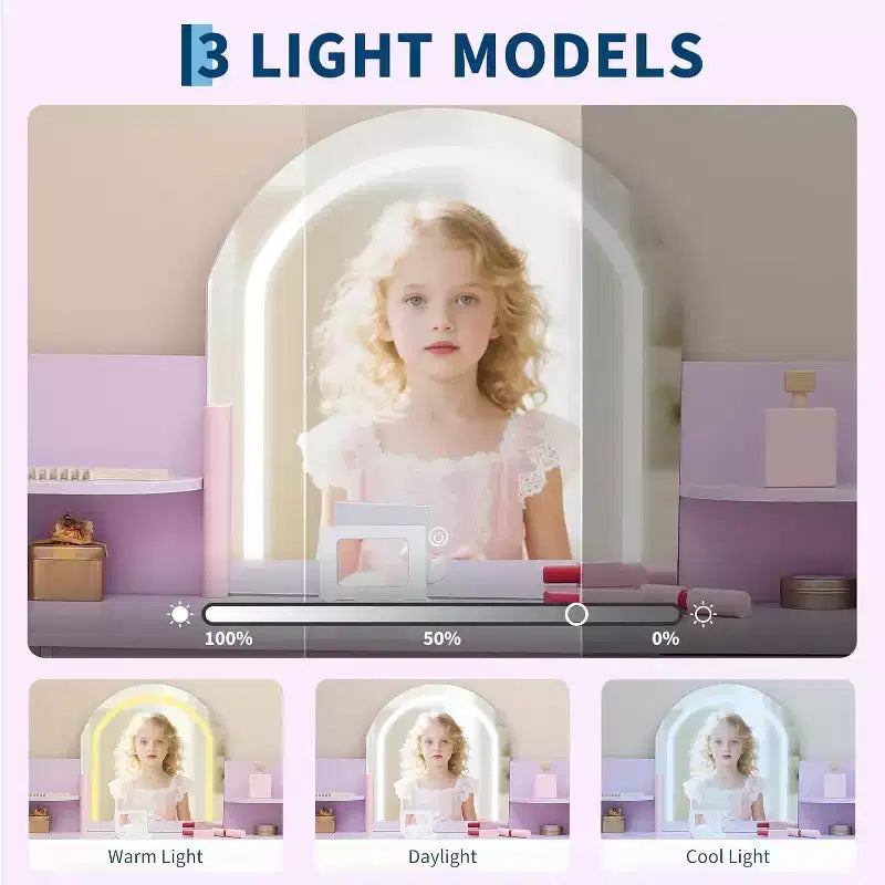 Coiffeuse pour fille avec lumières, Ensemble table et chaise de coiffeuse pour enfants pour princesse, Bureau de coiffeuse pour tout-petits avec étagère ouverte, Armoire de rangement et étagères latérales