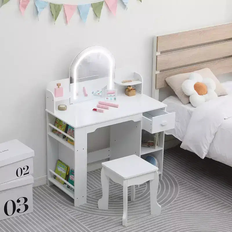 Coiffeuse pour fille avec lumières, Ensemble table et chaise de coiffeuse pour enfants pour princesse, Bureau de coiffeuse pour tout-petits avec étagère ouverte, Armoire de rangement et étagères latérales