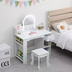 Coiffeuse pour fille avec lumières, Ensemble table et chaise de coiffeuse pour enfants pour princesse, Bureau de coiffeuse pour tout-petits avec étagère ouverte, Armoire de rangement et étagères latérales