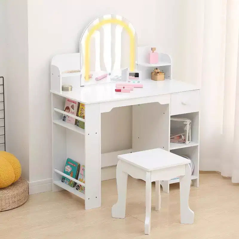 Coiffeuse pour fille avec lumières, Ensemble table et chaise de coiffeuse pour enfants pour princesse, Bureau de coiffeuse pour tout-petits avec étagère ouverte, Armoire de rangement et étagères latérales
