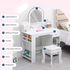 Coiffeuse pour fille avec lumières, Ensemble table et chaise de coiffeuse pour enfants pour princesse, Bureau de coiffeuse pour tout-petits avec étagère ouverte, Armoire de rangement et étagères latérales