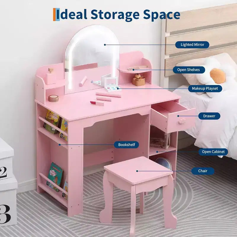 Coiffeuse pour fille avec lumières, Ensemble table et chaise de coiffeuse pour enfants pour princesse, Bureau de coiffeuse pour tout-petits avec étagère ouverte, Armoire de rangement et étagères latérales