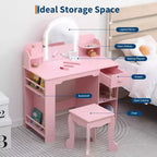 Coiffeuse pour fille avec lumières, Ensemble table et chaise de coiffeuse pour enfants pour princesse, Bureau de coiffeuse pour tout-petits avec étagère ouverte, Armoire de rangement et étagères latérales