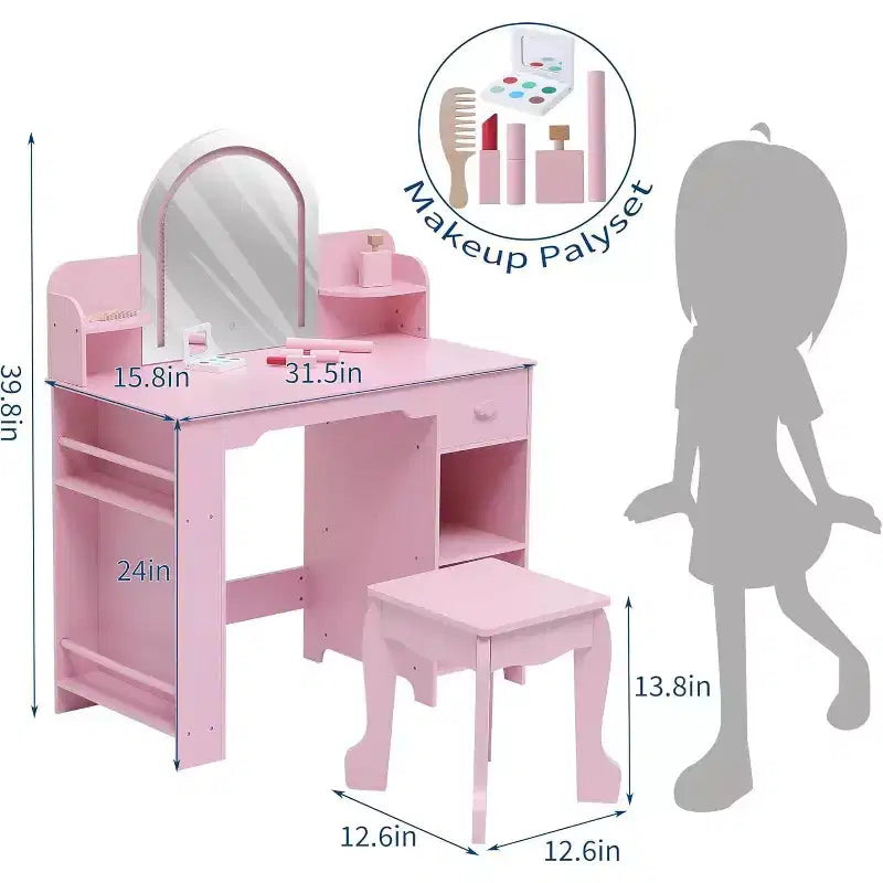 Coiffeuse pour fille avec lumières, Ensemble table et chaise de coiffeuse pour enfants pour princesse, Bureau de coiffeuse pour tout-petits avec étagère ouverte, Armoire de rangement et étagères latérales