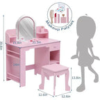 Coiffeuse pour fille avec lumières, Ensemble table et chaise de coiffeuse pour enfants pour princesse, Bureau de coiffeuse pour tout-petits avec étagère ouverte, Armoire de rangement et étagères latérales