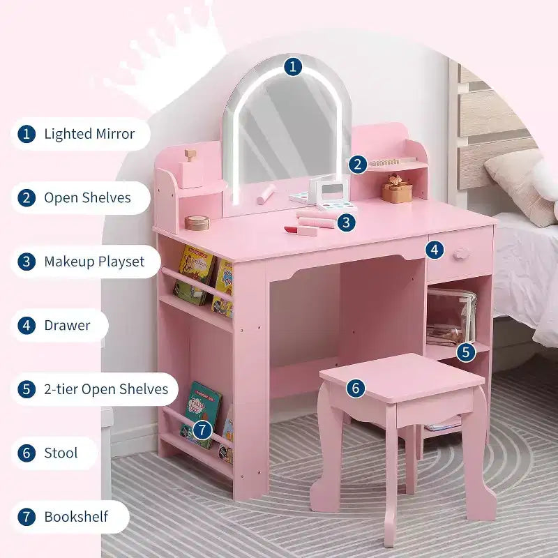 Coiffeuse pour fille avec lumières, Ensemble table et chaise de coiffeuse pour enfants pour princesse, Bureau de coiffeuse pour tout-petits avec étagère ouverte, Armoire de rangement et étagères latérales